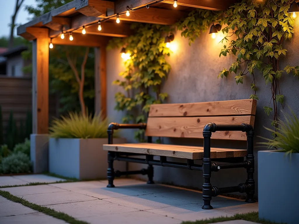 Modern Industrial Garden Bench at Dusk - A dramatic dusk photo of a handcrafted industrial bench in a contemporary garden setting. The bench features weathered reclaimed oak planks supported by matte black galvanized steel pipes, creating clean industrial lines. Soft evening light casts long shadows across the bench, while string lights twinkle overhead between wooden pergola beams. The bench is positioned against a textured concrete wall adorned with climbing ivy, creating depth and contrast. Modern rectangular planters with ornamental grasses frame the scene, while the bench's metal components catch the golden hour light. Shot with shallow depth of field focusing on the bench's unique pipe fittings and rich wood grain texture. Professional DSLR photograph with carefully balanced exposure to capture the ambient lighting and industrial materials.