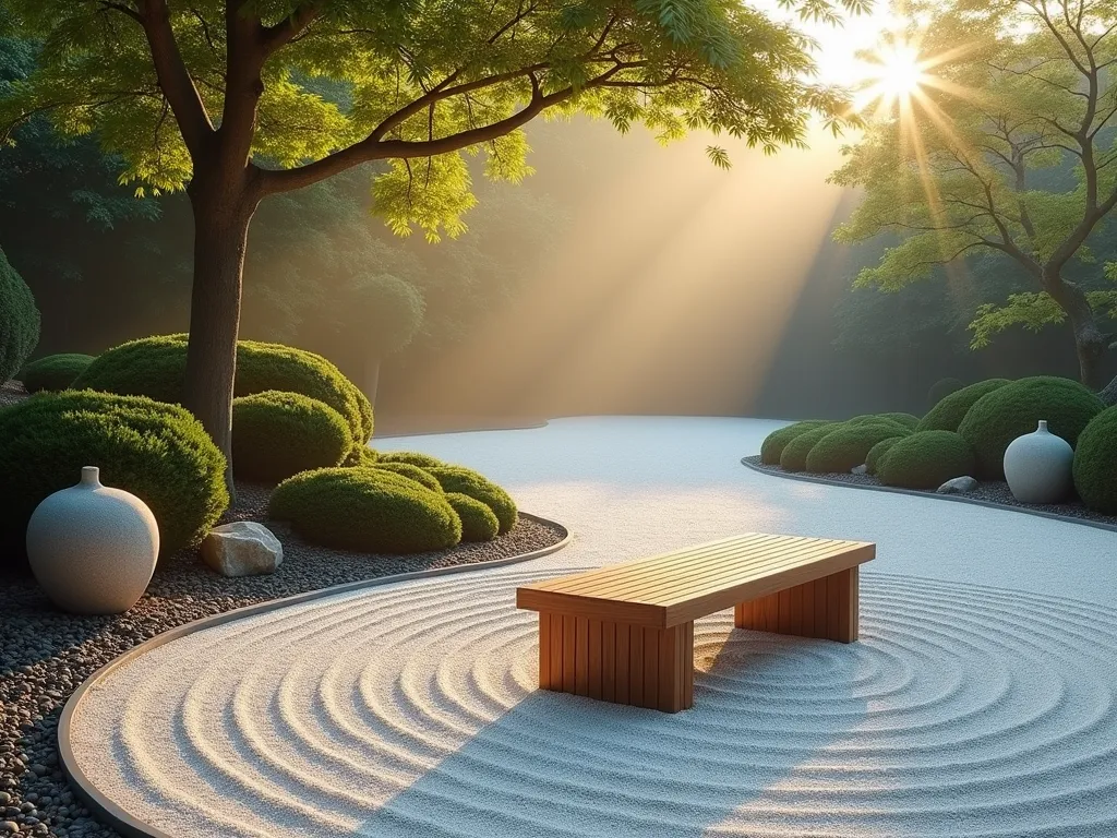 Serene Japanese Garden Bench at Dawn - A zen-inspired garden scene at dawn featuring a minimalist teak wooden bench with clean angular lines, positioned along a winding gravel path. The bench sits beneath a gracefully arching Japanese maple tree, surrounded by meticulously raked white gravel patterns creating concentric circles. Mossy stone lanterns flank the path, while carefully pruned cloud-form junipers and neatly trimmed azalea bushes create layers of green texture in the background. Soft morning mist hovers above the ground, with golden sunlight filtering through the maple leaves, casting delicate shadows on the gravel. The wide-angle composition emphasizes the peaceful harmony between the bench and its surroundings, photographed with subtle depth of field and ethereal lighting.