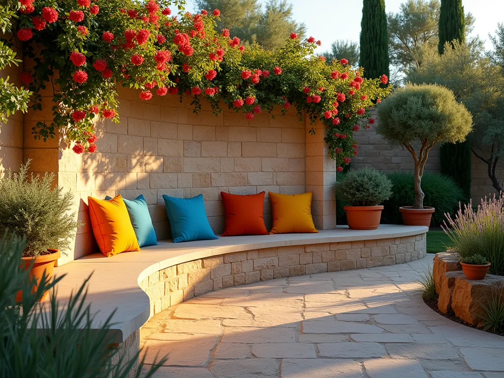 Mediterranean Stone Wall Garden Bench at Sunset - A professionally photographed garden scene featuring a curved natural stone wall bench with integrated seating, captured during golden hour. The rustic stone wall, built from weathered limestone blocks, extends gracefully through a Mediterranean-style garden. The built-in bench features plush weather-resistant cushions in vibrant terracotta, azure blue, and sunny yellow. Trailing bougainvillea cascades over the top of the wall, while potted olive trees and lavender plants frame the scene. Warm evening sunlight casts long shadows across the textured stone surface, highlighting its natural variations. The wide-angle composition shows the bench as part of a larger garden room, with terracotta pots and Mediterranean cypress trees in the background. Shot with shallow depth of field to emphasize the comfortable seating area while maintaining the context of the surrounding garden space.