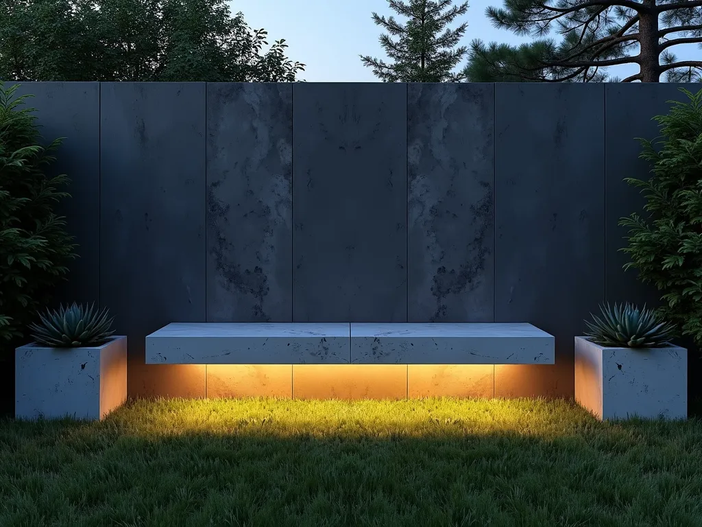 Illuminated Floating Concrete Garden Bench - A stunning twilight scene of a sleek, minimalist floating concrete bench mounted seamlessly on a modern charcoal-colored garden wall. The 6-foot bench appears to levitate, with hidden mounting creating a floating effect. Warm LED strip lighting beneath casts a gentle glow, creating dramatic shadows on the textured wall and illuminating the carefully manicured grass below. The bench is photographed at a 45-degree angle to showcase its clean lines and floating design. Contemporary geometric planters with architectural succulents frame either end of the bench. The scene is captured during blue hour, with soft ambient lighting highlighting the bench's modern silhouette against the garden backdrop. Photorealistic, high-end architectural photography style.