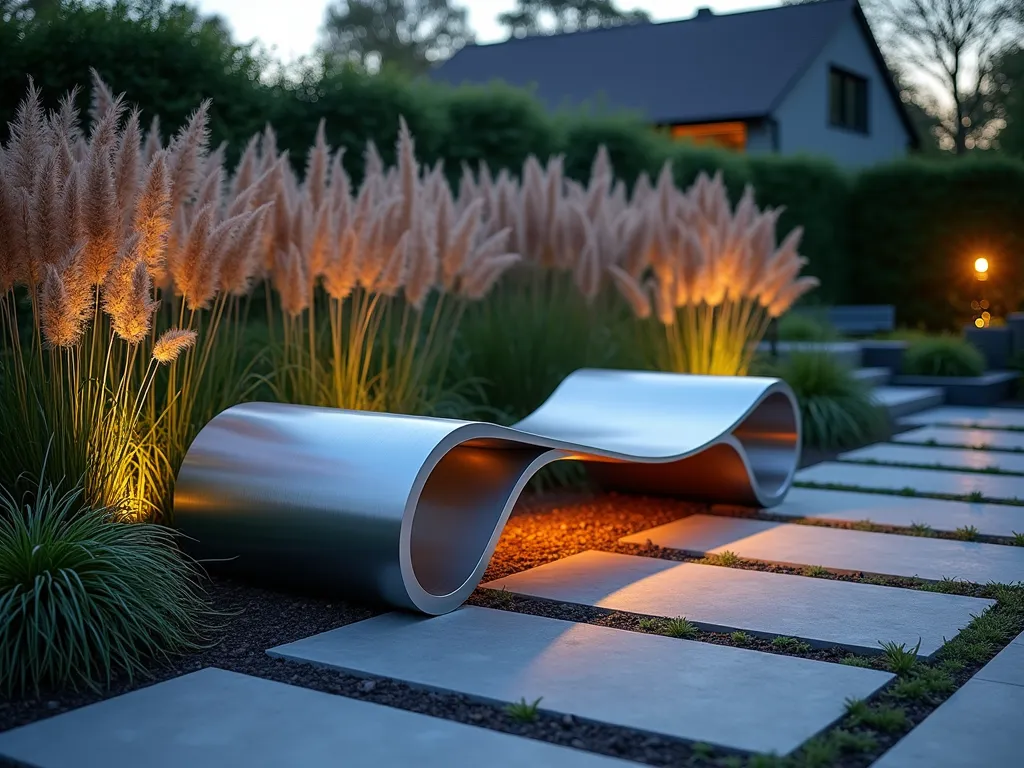 Modern Sculptural Garden Bench at Dusk - A stunning contemporary garden scene at dusk featuring a flowing, sculptural metal bench in brushed stainless steel with organic, wave-like forms. The artistic bench sits in a peaceful garden setting with ornamental grasses swaying in the background. Wide-angle shot capturing the bench's dramatic curves against a backdrop of Miscanthus sinensis and modern landscaping. Soft twilight illumination creates beautiful shadows and highlights on the bench's metallic surface. Natural stone pavers lead to the bench, while strategic landscape lighting adds ambient glow. Professional photo with shallow depth of field emphasizing the bench's artistic design.