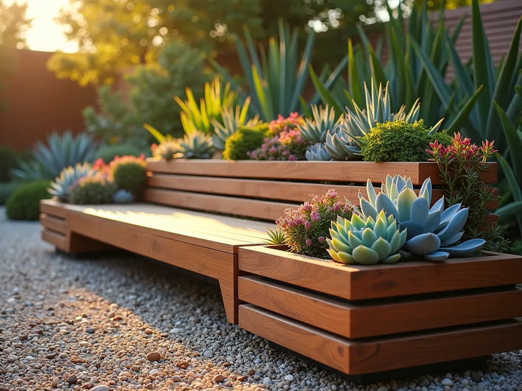 Modern Succulent Garden Bench - A stunning wide-angle DSLR photo of a contemporary wooden garden bench with integrated succulent planters built into its high back, captured during golden hour. The bench features a sleek teak design with horizontal slats, while the built-in planters showcase a vibrant array of drought-resistant succulents in various sizes and colors - including Echeveria, Sedum, and Sempervivum. The succulents cascade naturally, creating a living tapestry of blue-green, purple, and rose-colored rosettes. The bench is positioned in a modern xeriscaped garden with decomposed granite and architectural agaves. Soft golden sunlight filters through the scene, casting warm shadows and highlighting the sculptural forms of the succulents. Shot at f/8 with natural lighting, capturing rich detail and depth in both the wooden texture and succulent foliage.