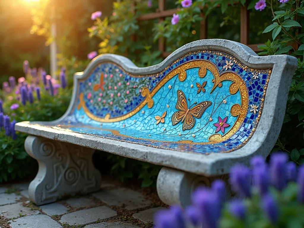 Enchanting Mosaic Garden Bench at Sunset - A close-up view of an artistic concrete garden bench adorned with intricate mosaic tiles in vibrant blues, turquoise, and gold, set against a lush garden backdrop. The bench features a flowing, nature-inspired pattern with butterflies and flowers created from small glass tiles. Soft evening sunlight filters through nearby flowering shrubs, casting warm golden light on the metallic elements of the mosaic. The bench is surrounded by blooming lavender and purple salvias, with climbing roses on a nearby trellis. The detailed mosaic work catches the light, creating a magical, Mediterranean-inspired focal point in the garden. Photorealistic, high detail, magical atmosphere, golden hour lighting.