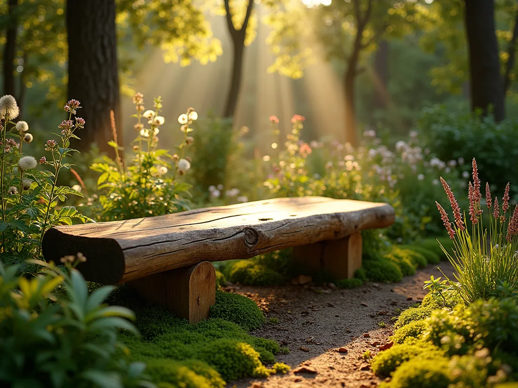 Enchanted Forest Log Bench - A peaceful garden scene at golden hour, featuring a naturally weathered log bench crafted from a fallen oak tree, expertly sanded smooth with preserved bark texture. The bench sits in a serene woodland garden setting, surrounded by lush ferns, native wildflowers, and moss. Dappled sunlight filters through overhead tree canopy, creating magical light patterns on the rustic bench. Shot at f/2.8 with a 16-35mm lens, capturing the bench from a low angle to emphasize its organic integration with the natural surroundings. Delicate woodland perennials and ornamental grasses sway gently in the foreground, while a carpet of moss adds a soft, enchanted forest atmosphere. The bench surface shows a rich, honey-toned wood finish from natural weather protection treatment, maintaining its raw, organic character.