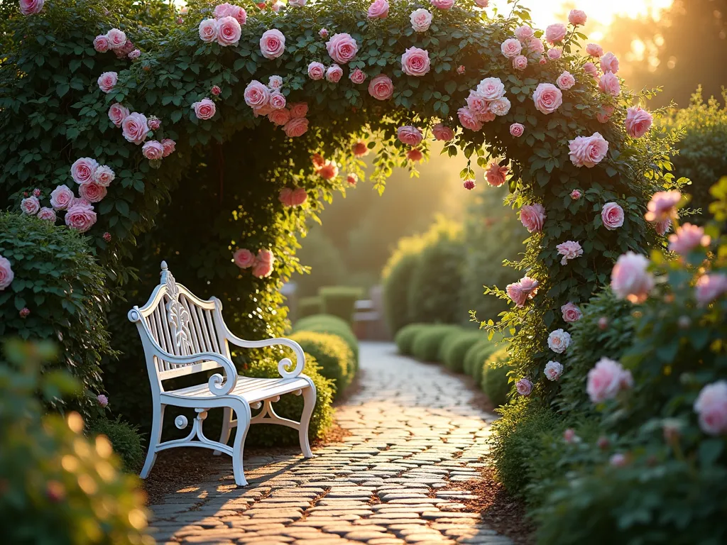 Romantic Rose Garden Bench at Sunset - A serene garden scene at golden hour, featuring an elegant white wrought-iron bench with intricate Victorian scrollwork, enveloped by blooming pink and white climbing roses. The bench sits at the end of a winding cobblestone path, creating a focal point beneath a natural rose-covered arch. Soft, warm sunlight filters through the roses, casting delicate shadows on the weathered stone path. The composition is captured from a medium-wide angle, showing both the bench's ornate details and its harmonious integration into the lush garden setting. Professional DSLR photo with pristine clarity, depth, and natural lighting, f/8, ISO 100, 1/125s exposure.