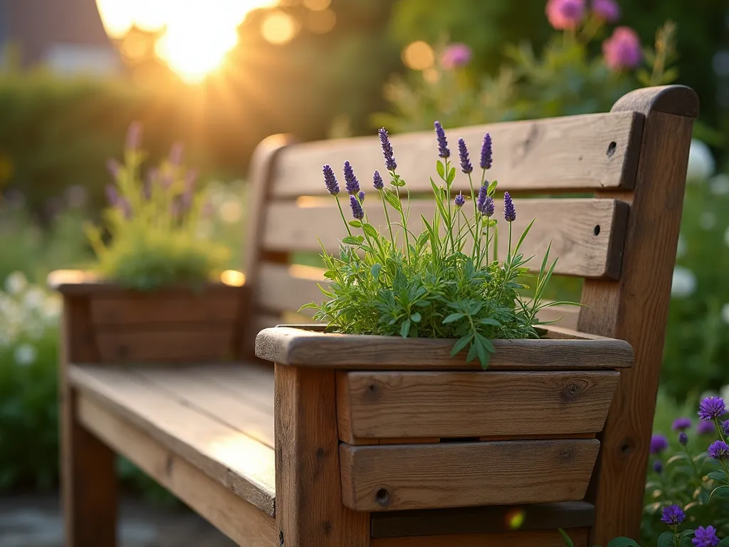 Rustic Herb Garden Bench at Sunset - A close-up shot of a handcrafted wooden garden bench with built-in herb planters integrated into both armrests, captured during golden hour. The bench features weathered teak wood with a natural finish, while the armrest planters overflow with fresh herbs including lavender, rosemary, thyme, and mint. Soft evening sunlight filters through the herbs, creating gentle shadows on the bench seat. Behind the bench, a cottage-style garden blurs into a dreamy bokeh effect. The composition shows careful detail of the herbs' textural qualities and the bench's craftsmanship, while maintaining the cozy, functional aspect of this garden feature. Shot with a DSLR camera at f/8, ISO 100, creating a perfect balance between sharp detail and atmospheric depth.