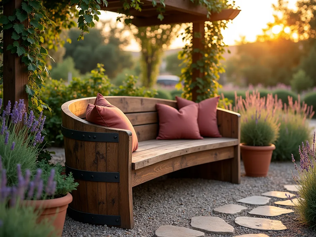 Rustic Wine Barrel Garden Bench at Sunset - A close-up shot of an elegantly repurposed wine barrel bench nestled in a Mediterranean garden setting at golden hour. The barrel, split lengthwise and expertly finished, creates a curved wooden bench with rich oak patina. Surrounded by blooming lavender and rosemary bushes, with climbing grapevines on a nearby pergola. Soft sunset light filters through the vines, casting gentle shadows on the weathered wood. Decorative wrought iron details accent the barrel's original metal bands, while plump cushions in terracotta tones add comfort. Stone pavers and crushed gravel create a welcoming path to this intimate seating area, with terra cotta planters filled with herbs completing the vineyard-inspired scene. Photorealistic, highly detailed, warm evening lighting.