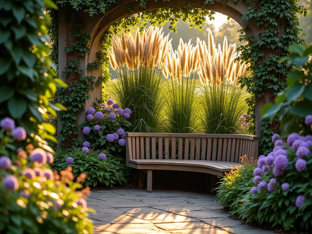 Enchanted Secret Garden Bench Haven - A serene garden nook at golden hour, featuring a curved wooden bench nestled within a natural alcove. Towering Miscanthus grass and flowering Hydrangea create a living privacy screen, while climbing purple Clematis and fragrant Jasmine vines gracefully wind up decorative copper trellises behind the bench. Dappled sunlight filters through the foliage, casting ethereal shadows on the weathered teak bench and natural stone paving below. The intimate space is photographed from a medium-wide angle, capturing the cozy, enclosed atmosphere while showing the lush layered plantings that envelope the seating area. A soft evening breeze appears to rustle the ornamental grasses, adding movement to this magical garden retreat. Shot with shallow depth of field to create a dreamy, romantic atmosphere.