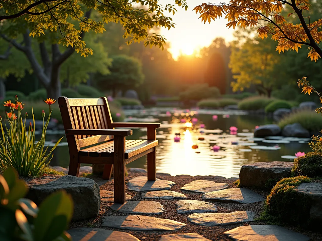 Serene Pond-Side Garden Bench at Sunset - A tranquil garden scene at golden hour featuring a weathered teak garden bench positioned on a stable stone platform overlooking a naturalistic koi pond. The bench faces a serene pond with water lilies and floating lotus flowers. Ornamental grasses and Japanese maples frame the scene, creating dappled shadows. Shot with a wide-angle perspective that captures the reflection of the warm sunset sky in the pond's surface. The composition includes stone path leading to the bench, with moss-covered rocks along the pond's edge. Soft evening light filters through the foliage, creating a magical atmosphere. Professional photography, 16-35mm lens, f/2.8, ISO 400, dramatic lighting, atmospheric scene.