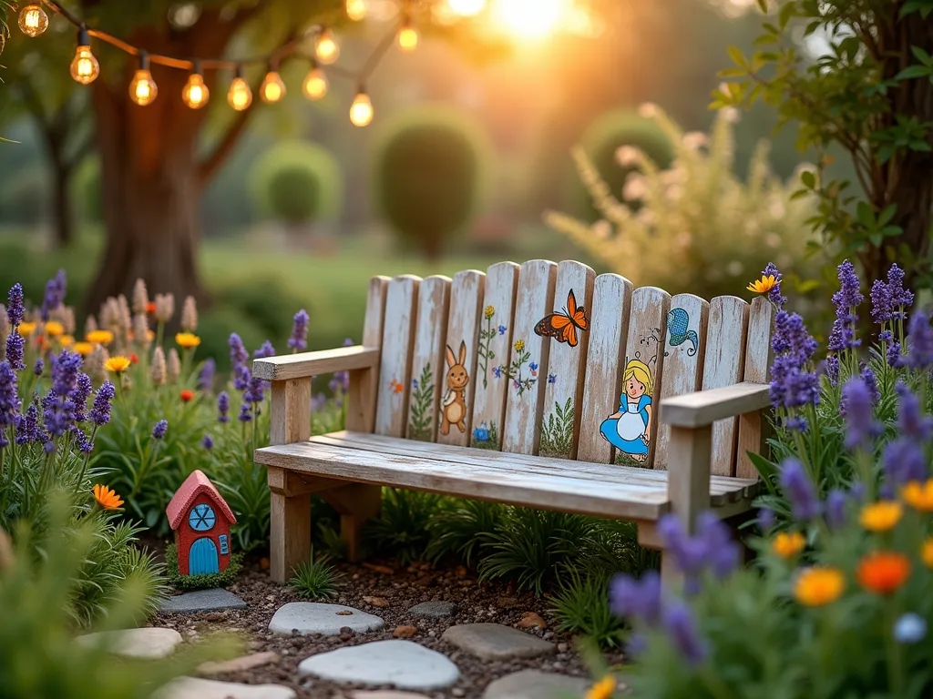 Storybook Garden Bench in Enchanted Setting - A charming wooden garden bench hand-painted with beloved children's book characters like Peter Rabbit, Alice in Wonderland, and The Wild Things, photographed during golden hour. The bench sits in a whimsical garden setting with a natural stone path leading to it. Surrounding the bench are colorful sensory plants including lavender, lamb's ear, and butterfly bush. Hanging Edison lights create a magical atmosphere while butterfly and fairy decorations add playful touches. The scene includes a small fairy garden with miniature houses at the bench's base. Shot with shallow depth of field focusing on the bench's detailed artwork, with soft bokeh effect on the background plantings. DSLR photography, f/8, ISO 100, 1/125, wide-angle lens capturing the entire magical scene.