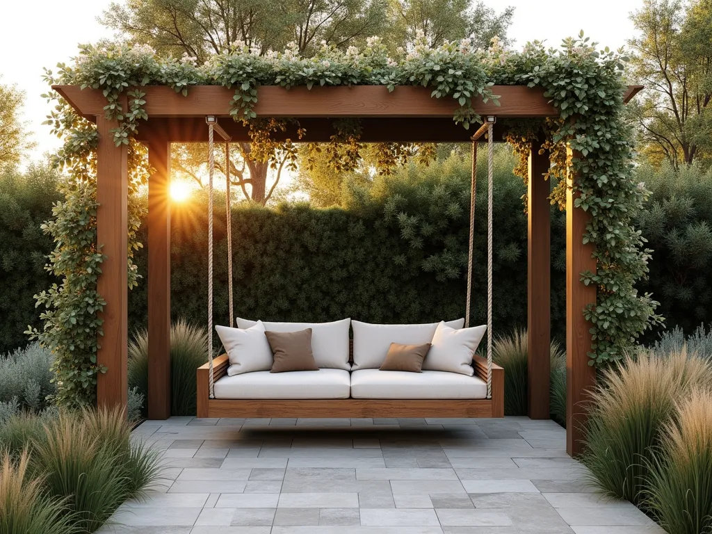 Modern Garden Rope Swing Bench at Sunset - A serene garden scene at golden hour featuring a sleek wooden bench suspended by thick marine-grade ropes from a robust pergola beam. The minimalist bench gently sways above a natural stone patio, surrounded by ornamental grasses and coastal plants. Soft evening light filters through the surrounding foliage, casting warm shadows across the space. The bench is styled with plush weatherproof cushions in neutral tones, while trailing jasmine vines gracefully wrap around the pergola structure. Wide-angle perspective captures the entire seating area within a modern landscape design, with the suspended bench as the focal point. Photorealistic, high-end garden photography style.