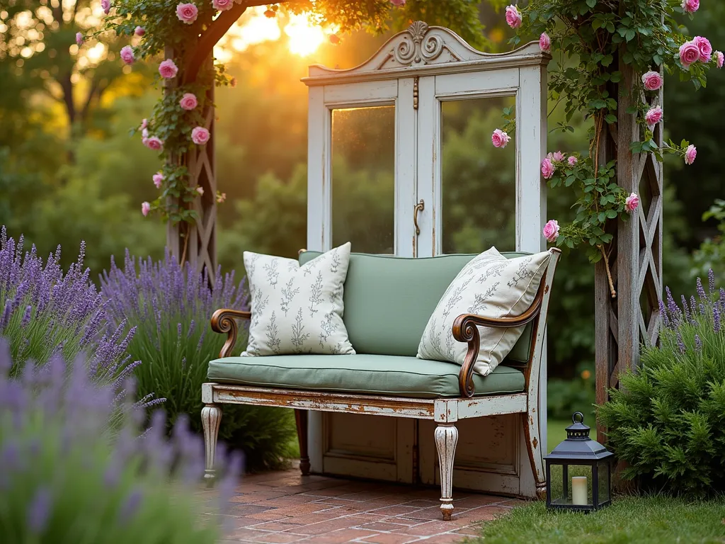 Vintage Door Garden Bench at Sunset - A charming garden vignette at golden hour featuring an elegantly upcycled vintage door transformed into a garden bench. The weathered white door retains its original ornate details and glass panel, now serving as the backrest. The bench sits atop decorative wrought iron legs painted in antique bronze. A plush sage green cushion adorns the wooden seat, complemented by vintage-inspired throw pillows. The bench is positioned along a rustic brick pathway, surrounded by blooming English lavender and climbing roses on a weathered trellis. Warm sunset light filters through nearby trees, casting dappled shadows across the scene, while vintage lanterns frame the setting. Captured in a three-quarter angle view to showcase both the bench's architectural details and its garden setting.