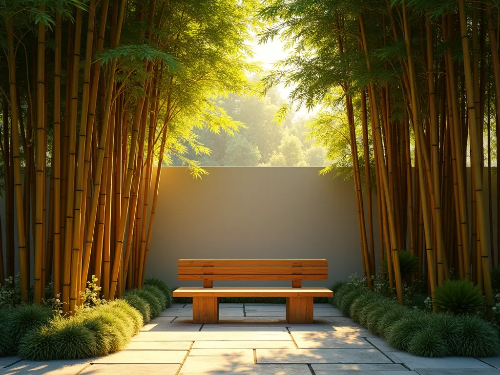 Zen Bamboo Garden Bench Haven - A serene garden scene at golden hour, featuring a minimalist teak wooden bench nestled within a dense grove of towering bamboo (Phyllostachys aurea). The bamboo stalks rise dramatically to 15 feet, creating natural walls that frame the bench. Soft, warm sunlight filters through the bamboo leaves, casting intricate shadows on the stone path leading to the bench. The composition is captured from a medium-wide angle, showing the bench from a slight diagonal to emphasize depth. The bamboo leaves gently sway in the breeze, creating a sense of movement. The scene is photographed with professional lighting, highlighting the rich golden-green tones of the bamboo and the warm honey tones of the teak bench. A few scattered Japanese forest grass plants soften the ground around the bench's base. Photorealistic, architectural photography, 8K resolution.