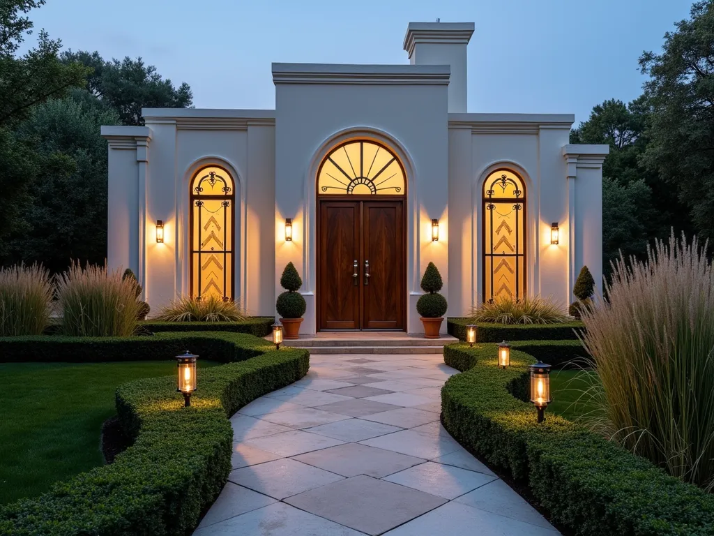 Art Deco Garden Workshop at Dusk - A stunning art deco garden workshop with gleaming geometric glass panels and chevron patterns, photographed at dusk from a wide angle. The elegant structure features bronze-framed windows with decorative frosted glass in zigzag patterns, topped with a stepped roofline characteristic of art deco architecture. Art deco wall sconces cast a warm, ambient glow on cream-colored stucco walls adorned with streamlined architectural details. The entrance features a dramatic sunburst door design in dark wood and brass. Surrounding the workshop are manicured boxwood hedges in geometric patterns, with tall ornamental grasses providing contrast. A curved pathway of geometric paving stones leads to the entrance, lined with copper garden lights. The scene is captured in the golden hour, with soft lighting highlighting the workshop's dramatic architectural elements against a dusky blue sky.