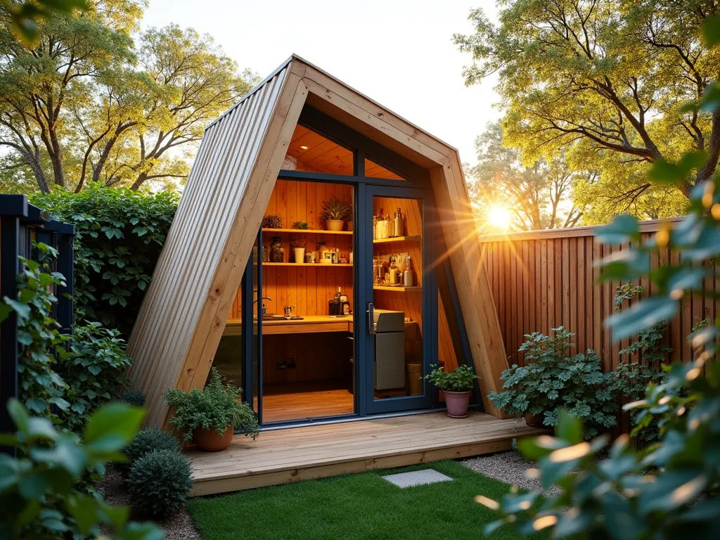 Space-Saving Corner Garden Workshop - A late afternoon photographic capture of a charming triangular garden workshop nestled in a corner of a small backyard garden. The workshop features natural cedar siding, a modern slanted roof, and large windows for optimal lighting. A fold-down workbench is visible through the glass door, with clever wall-mounted storage solutions inside. The surrounding garden includes climbing ivy on the adjacent fence, creating a cozy atmosphere. Shot from a 3/4 angle to showcase both the workshop's compact design and its integration into the garden space. The golden hour sunlight casts warm shadows across the structure, highlighting its architectural details and space-efficient design. Captured with a wide-angle lens to demonstrate the workshop's clever use of corner space.