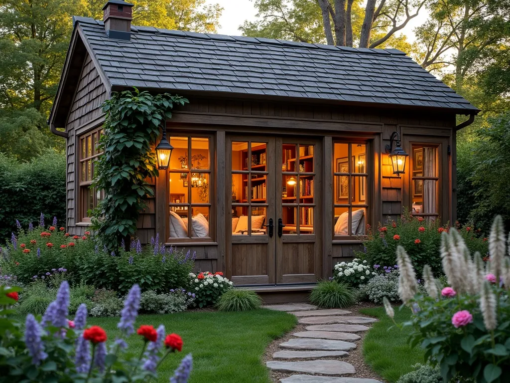 Cozy Garden Library Workshop Retreat - A charming garden workshop studio photographed at golden hour, featuring floor-to-ceiling windows and French doors that flood natural light onto rustic wooden built-in bookshelves. A comfortable window seat reading nook with plush cushions overlooks a cottage garden. The exterior showcases weathered cedar shingles with climbing roses and wisteria. Shot with a wide-angle perspective capturing both the workshop's exterior and surrounding garden landscape. The workshop is nestled among flowering perennials and ornamental grasses, with a stepping stone path leading to its entrance. Soft evening light filters through the surrounding foliage, creating a magical atmosphere. Interior visible through windows shows warm ambient lighting and organized crafting space. Digital photography, 16-35mm lens, f/2.8, ISO 400.