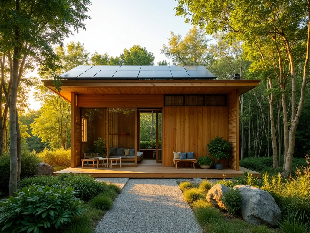 Eco-Friendly Bamboo Garden Workshop at Sunset - A serene wide-angle shot of a modern bamboo garden workshop nestled among lush greenery at golden hour. The workshop features floor-to-ceiling sliding glass doors, natural bamboo construction with exposed beams, and sleek solar panels on the gently sloped roof. Living green walls adorned with climbing plants frame the structure, while strategically placed ventilation slots create natural airflow. Warm sunset light filters through bamboo grove surroundings, casting intricate shadows on the workshop's natural finish. A small zen garden with river rocks leads to the entrance, complemented by ornamental grasses and Japanese forest grass. Shot with a digital camera, 16-35mm lens at f/2.8, ISO 400, capturing the sustainable architecture's harmony with nature.