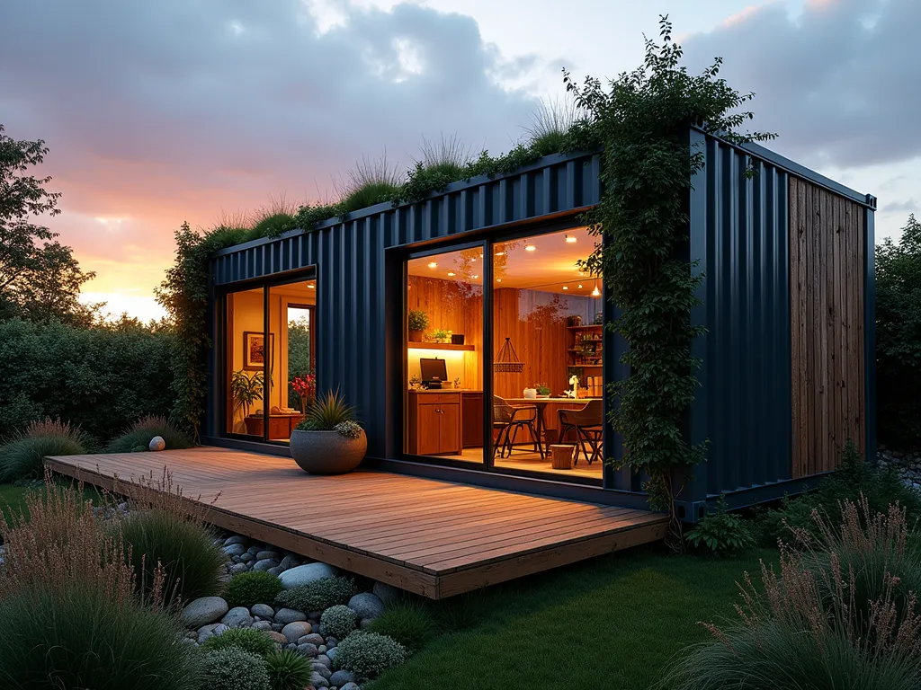 Modern Eco-Friendly Garden Workshop Container - Dramatic twilight photograph of a converted shipping container workshop in a serene garden setting, shot at f/2.8 with a 16-35mm wide-angle lens. The container features floor-to-ceiling windows reflecting the golden hour light, with a flourishing green sedum roof. The industrial-chic container is painted in sleek charcoal gray, complemented by weathered cedar cladding accents. A contemporary wooden deck leads to glass sliding doors, while climbing ivy softens one corner. Modern outdoor lighting illuminates the workspace through the windows, revealing a creative studio setup inside. Native wildflowers and ornamental grasses surround the base, creating a seamless blend with the natural garden landscape. The composition captures both the container's industrial heritage and its sustainable transformation.