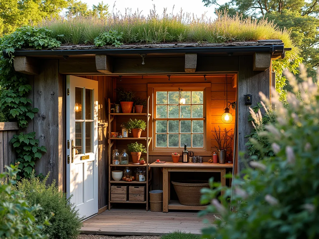 Eco-Friendly Garden Workshop Haven - Professional DSLR wide-angle shot of a charming rustic garden workshop constructed from reclaimed materials, featuring weathered barn wood siding, vintage French doors, and salvaged window panes letting in natural light. The workshop is nestled among climbing ivy and potted herbs, photographed during golden hour. The entrance features upcycled industrial shelving displaying garden tools, while repurposed wooden crates serve as creative storage solutions. A handcrafted workbench made from reclaimed timber sits beneath a window, with mason jar organizers holding art supplies. Solar-powered pendant lights hang from exposed wooden beams, and a restored vintage ladder serves as a vertical plant display. The workshop's green living roof is partially visible, covered with sedum and wild flowers. Shot at f/8 with natural lighting highlighting the authentic patina of the recycled materials.