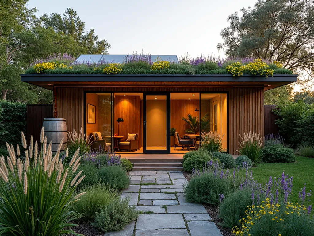 Eco-Friendly Garden Workshop with Living Roof - A stunning wide-angle dusk shot of a modern wooden garden workshop nestled in a lush backyard garden setting. The workshop features a flourishing green living roof abundantly covered with purple and yellow blooming sedum and wildflowers cascading over the edges. Sleek solar panels are seamlessly integrated into one side of the roof, while a contemporary rainwater collection system with copper gutters and a decorative water barrel adds character. The workshop's walls are clad in sustainable bamboo and reclaimed wood, with large energy-efficient windows reflecting the warm evening light. The entrance is flanked by native grasses and flowering perennials, creating a harmonious transition between the structure and surrounding garden. A rustic stone pathway leads to the workshop's entrance, lined with drought-resistant plants and herbs. The overall composition captures the perfect balance between modern sustainable design and natural elements, photographed during golden hour to emphasize the eco-friendly features and living roof's lush texture.