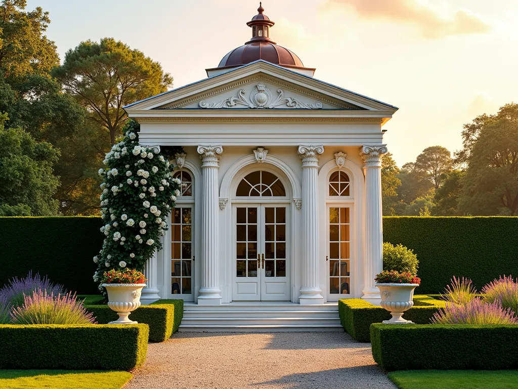 Elegant Garden Palace Workshop - Stunning classical garden workshop photographed at golden hour, featuring ornate Grecian columns and elaborate crown moldings. Wide-angle shot of a grand white-painted timber structure with French doors, climbing roses, and delicate lattice work. Copper cupola adorns peaked roof, while decorative urns flank entrance steps. Workshop nestled within formal English garden with manicured boxwood hedges and lavender borders. Soft evening light casts warm glow on architectural details, highlighting ornamental pediments and scrollwork. Gravel pathway leads to arched double doors with antique brass hardware. Shot with DSLR camera, f/8, ISO 100, 1/125, capturing rich architectural details and garden setting in perfect clarity.