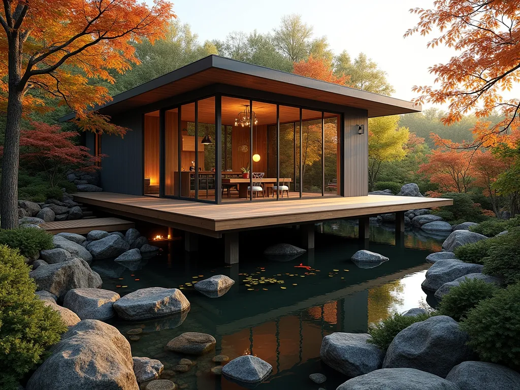 Elevated Zen Workshop Haven - A serene garden workshop photographed at golden hour, elevated on wooden stilts with a wraparound floating deck. The modern structure features large windows and sliding glass doors, surrounded by Japanese maple trees. Below, a tranquil zen garden with a gentle stone waterfall cascades into a small koi pond, complemented by carefully arranged river rocks and bamboo plants. The space beneath the workshop is illuminated by subtle landscape lighting, creating atmospheric reflections on the water. Shot with a wide-angle perspective to capture both the architectural elements and the peaceful garden setting, with warm evening light casting long shadows across the wooden decking. 16-35mm lens capturing the workshop's clean lines against a soft-focus natural background.