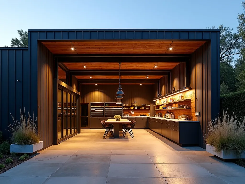 Modern Industrial Garden Workshop at Dusk - A sleek garden workshop at dusk, photographed with a wide-angle lens capturing the entire structure and its surrounding garden context. The workshop features dramatic floor-to-ceiling glass panels and exposed steel beams, with warm LED task lighting illuminating the interior. The polished concrete floor reflects the evening light, while industrial-style metal shelving and toolboards line the walls. Modern pendant lights hang from exposed ceiling trusses. The exterior is clad in dark metal panels with weathered copper accents. Native ornamental grasses and geometric concrete planters frame the entrance, creating a perfect blend of industrial aesthetics and garden elements. Shot at f/2.8 with golden hour lighting casting long shadows across the workshop's facade. Hyperrealistic, architectural photography style.