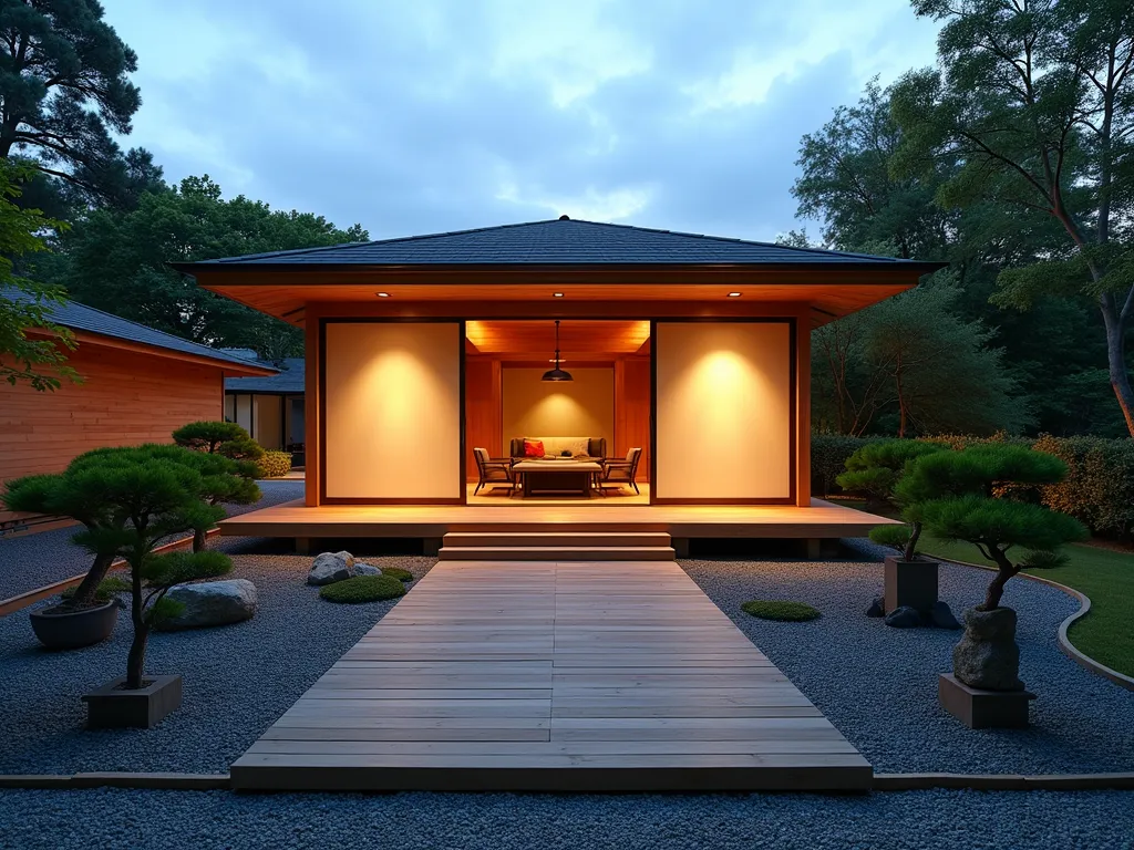 Serene Japanese Garden Workshop at Dusk - A stunning wide-angle view of a modern Japanese-inspired garden studio workshop at dusk, photographed with a 16-35mm lens at f/2.8, ISO 400. The elegant wooden structure features traditional sliding shoji screens that glow warmly from internal lighting. The workshop is surrounded by a meticulously maintained zen garden with raked gravel patterns and carefully placed natural stones. A wooden deck platform leads to the entrance, bordered by dwarf Japanese maples and cloud-pruned juniper bushes. The left side showcases a peaceful meditation area with a bamboo water feature and stone lantern, while the right side displays a collection of carefully maintained bonsai trees on wooden stands. Soft landscape lighting illuminates the pathways and highlights the architectural features, creating a harmonious balance between indoor and outdoor spaces. The workshop's overhanging roof has subtle upturned corners in traditional Japanese style, and the exterior is finished in natural cedar wood siding.