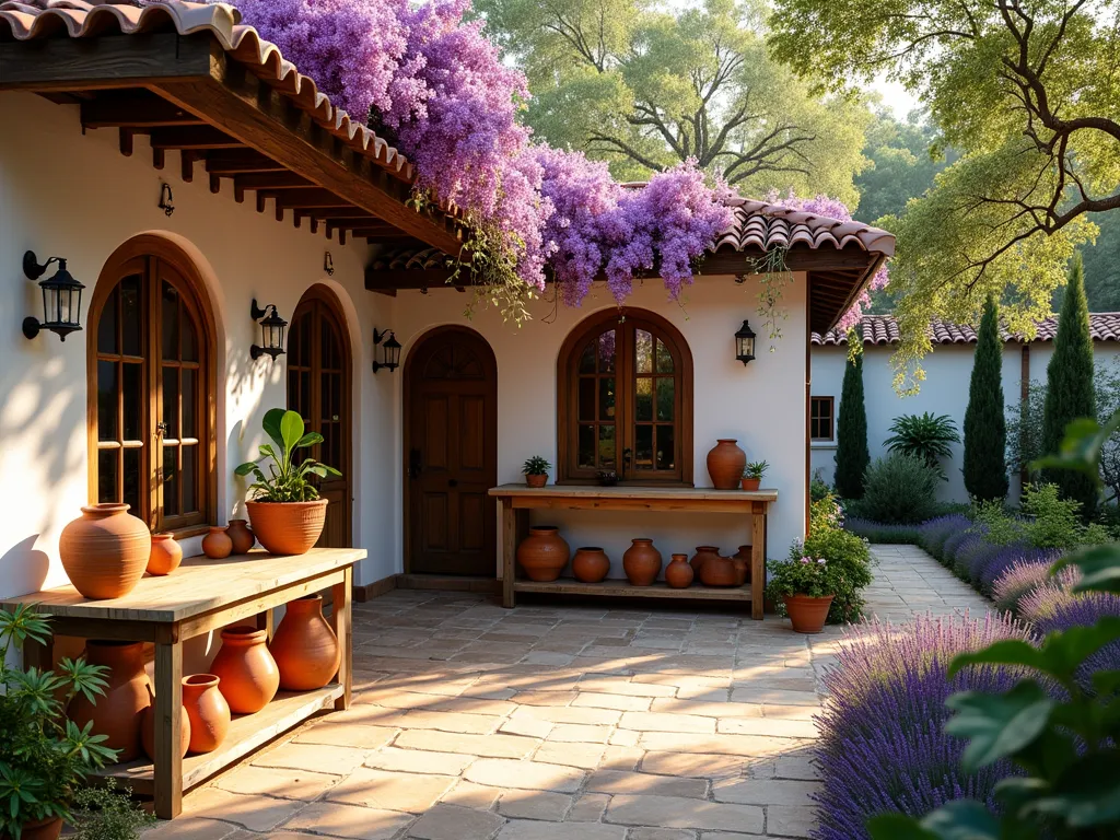 Mediterranean Garden Workshop Haven - A charming Mediterranean-style garden workshop at golden hour, photographed with a wide-angle lens. The structure features classic white-washed stucco walls and authentic terracotta roof tiles, with a generously covered patio workspace. Abundant wisteria and bougainvillea cascade over wooden pergolas, creating dappled shadows. Multiple terracotta pots of various sizes are artfully arranged on rustic wooden shelving. The workshop's large arched windows and French doors open to a courtyard with lavender borders and cypress trees. Natural sunlight filters through the climbing vines, creating a warm, inviting atmosphere perfect for creative work. Shot at f/8 with dramatic depth of field, capturing both architectural details and garden elements in sharp focus. High-end DSLR photography with professional lighting emphasizing the Mediterranean charm and workshop functionality.