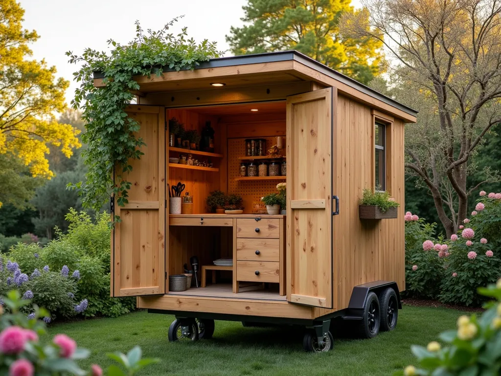 Mobile Garden Workshop Haven - A charming wheeled garden workshop at golden hour, photographed in a wide angle within a lush backyard setting. The workshop features natural wood construction with industrial wheels, resembling a sophisticated tiny house on a movable platform. The front panel is opened to reveal an ingeniously designed fold-out workbench with pegboard organization. Inside visible storage includes mason jars with seeds and tools, while the exterior sports weathered copper accents and climbing jasmine on one corner. The workshop is positioned near a blooming cottage garden, with soft sunset light filtering through nearby trees. The design showcases clean modern lines while maintaining a rustic garden aesthetic, with modular storage units visible through the open doors.