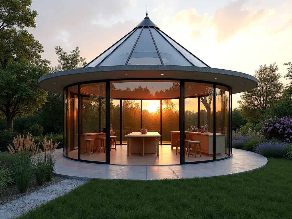 Modern Circular Garden Studio at Sunset - A stunning modern circular garden workshop, photographed at golden hour with a DSLR wide-angle lens. The contemporary glass-walled structure features a dramatic conical roof with a central skylight, surrounded by lush garden landscaping. The transparent walls reveal a minimalist interior with a central rotating wooden workstation. Soft evening light streams through the glass panels, creating artistic shadows on the polished concrete floor. Japanese maple and ornamental grasses frame the structure, while climbing jasmine adorns the adjacent garden trellis. The workshop is connected to the main garden by a curved stone pathway lined with lavender. f/8, ISO 100, 1/125s, capturing the warm sunset glow reflecting off the glass surfaces.