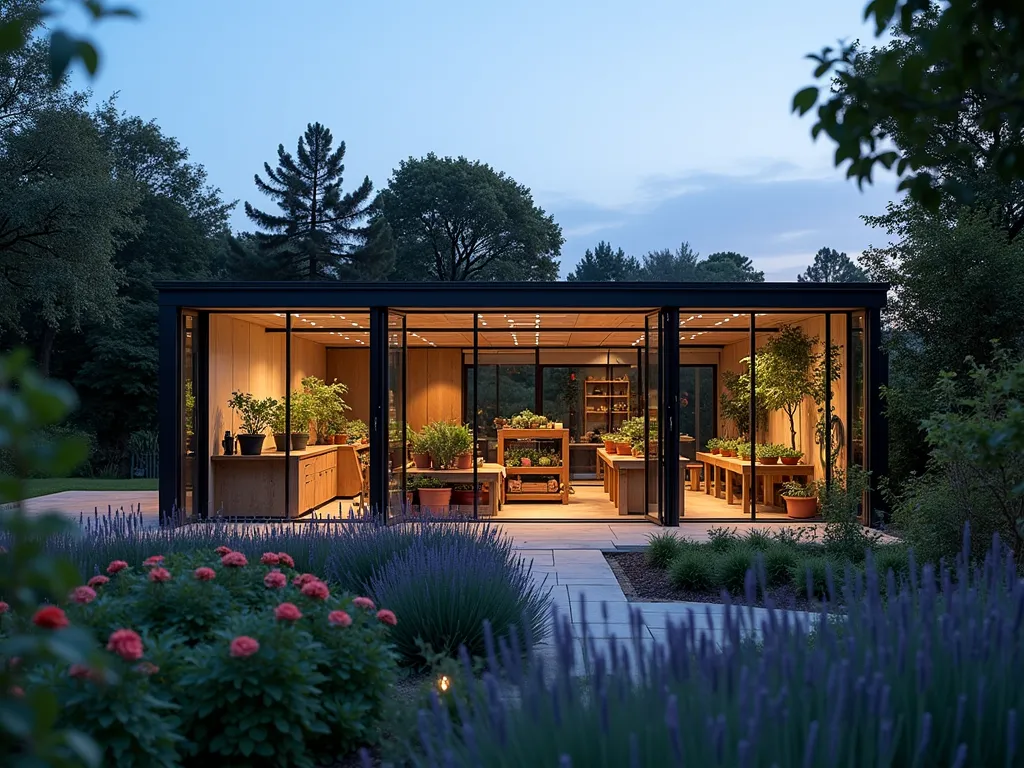 Modern Greenhouse Workshop Connection - A stunning twilight photograph of a modern garden workshop seamlessly connected to a glass greenhouse via an elegant glass corridor, shot at f/2.8 with warm evening light filtering through. The structure features clean lines and contemporary architecture with dark steel frames and floor-to-ceiling windows. The connecting corridor is illuminated from within, showcasing potted plants and propagation stations. The workshop space visible through large windows reveals a well-organized crafting area with wooden workbenches and gardening tools. Surrounding the structure is a thoughtfully landscaped garden with ornamental grasses, lavender borders, and climbing roses on trellises. Captured with a wide-angle 16mm lens to show the full architectural integration of both spaces, with soft bokeh effects on the garden elements in the foreground. Subtle landscape lighting highlights key garden features and architectural elements.