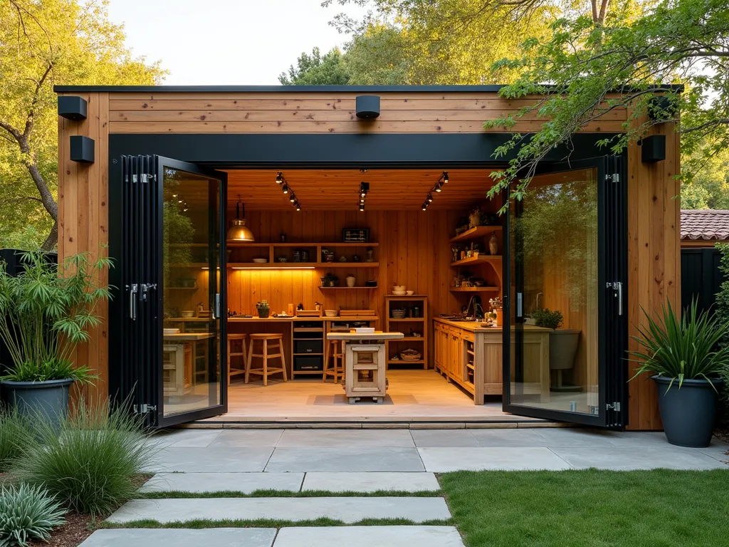 Modern Indoor-Outdoor Garden Workshop - A stunning DSLR wide-angle shot of a contemporary garden workshop at golden hour, featuring floor-to-ceiling glass doors fully opened to blend indoor and outdoor spaces. The workshop has a sleek wooden interior with crafting tables and storage, transitioning seamlessly to a covered outdoor patio area through polished concrete flooring. Natural light floods the space, highlighting modern woodworking tools and a pottery wheel. The outdoor section features a pergola with climbing jasmine, creating dappled shadows. Lush greenery surrounds the workspace, including potted bamboo and ornamental grasses. The workshop's exterior combines cedar cladding with black metal accents, photographed at f/8 for optimal depth of field, capturing both interior detail and garden context.