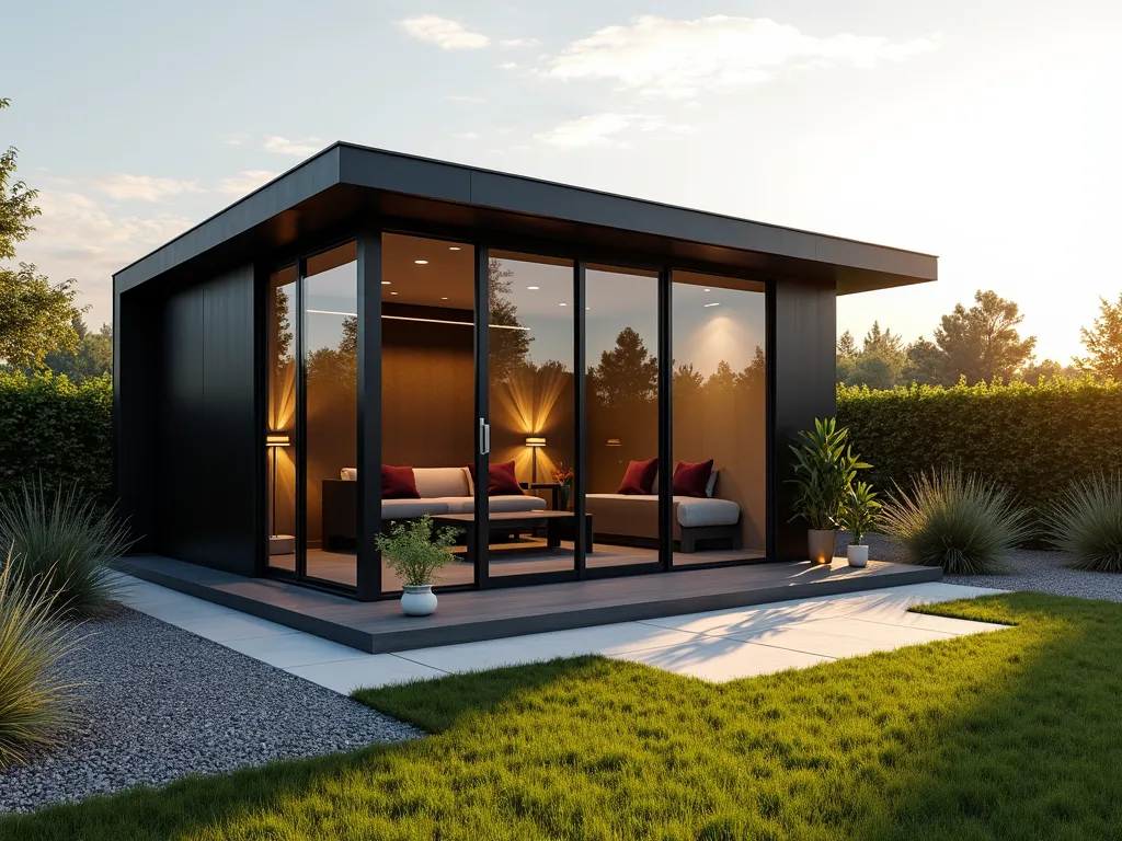 Modern Garden Workshop Cube - A stunning wide-angle DSLR photo of a contemporary cube-shaped garden workshop at golden hour, featuring sleek glass and black metal construction with clean minimalist lines. The 12x12 structure has floor-to-ceiling sliding glass doors and hidden storage panels integrated into the exterior walls. Modern outdoor furniture includes a convertible workbench. Surrounded by architectural grasses and geometric landscaping with crushed granite pathways. Soft directional lighting casts long shadows across the manicured lawn, while LED strip lighting subtly illuminates the workshop's edges. Shot at f/8 with visible depth of field showing workshop details and garden context. Hyper-realistic 4K quality.