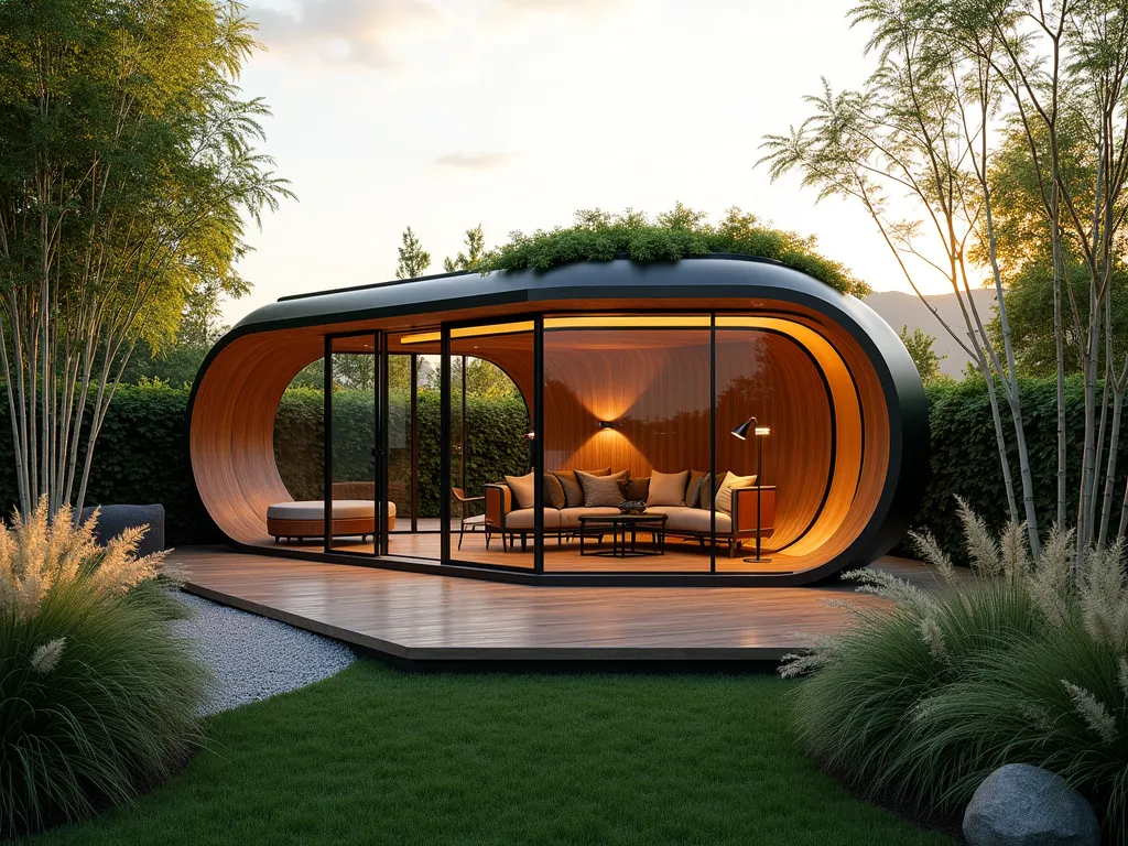 Modern Garden Pod Workshop at Sunset - A sleek, contemporary modular garden workshop pod with curved glass walls nestled in a lush garden setting at golden hour. The futuristic pod features expandable transparent sections, brushed aluminum accents, and a living green roof. Modern deck surrounds the structure, with integrated LED lighting creating a warm glow. Architectural bamboo plants frame the workshop, while ornamental grasses sway in the foreground. Wide-angle perspective capturing the pod's seamless integration with the natural landscape, soft sunset light reflecting off the curved surfaces.