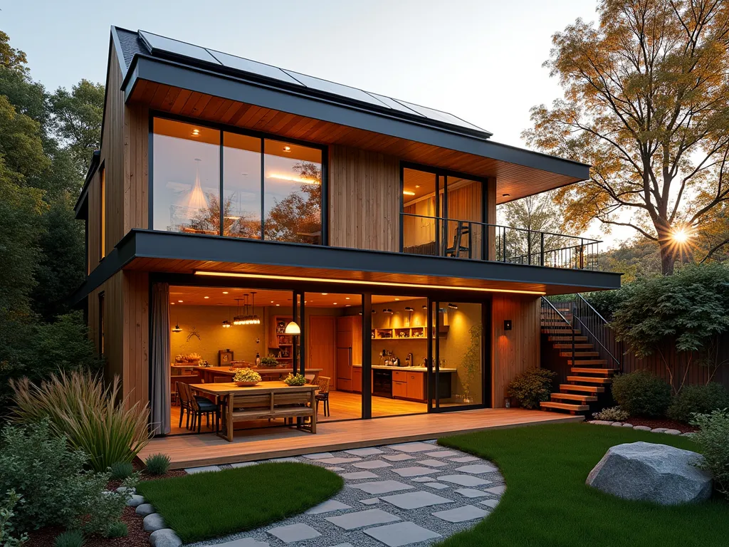 Modern Split-Level Garden Workshop - A stunning DSLR wide-angle shot of a contemporary split-level garden workshop at golden hour. The structure features floor-to-ceiling windows, natural wood siding, and a modern asymmetrical roof design. The lower level houses a woodworking area with large sliding glass doors opening to a zen garden, while the upper mezzanine level, visible through the windows, contains organized storage and a bright art studio space. A wooden staircase connects the levels internally. The workshop is nestled among Japanese maple trees and ornamental grasses, with climbing jasmine on decorative trellises. Solar panels on the roof catch the warm evening light, and LED strip lighting underneath the mezzanine creates a warm glow. The foreground shows a small paver pathway leading to the entrance, bordered by contemporary landscaping. Captured with perfect depth of field at f/8, showcasing rich textures and architectural details.