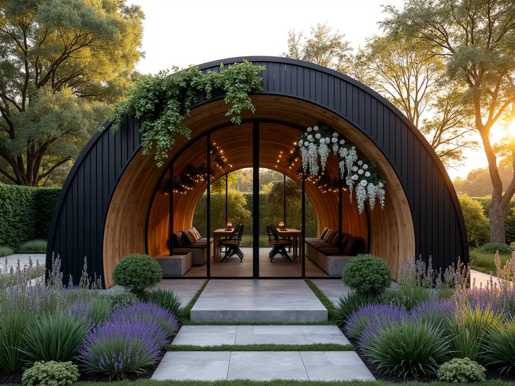 Modern Garden Workshop with Curved Archway - A golden hour photograph of a sleek modern garden workshop with a dramatic curved archway entrance, captured at f/2.8 with a 16-35mm wide-angle lens. The contemporary structure features clean lines and floor-to-ceiling windows, complemented by a striking integrated metal arch. Wisteria and climbing roses cascade gracefully over the archway, creating a magical entrance. The workshop's exterior combines dark charcoal composite cladding with natural wood accents. A stone path leads through the arch, flanked by ornamental grasses and lavender. The workshop is set against a backdrop of mature trees, with soft evening light filtering through the foliage, creating atmospheric shadows and highlighting the architectural details.