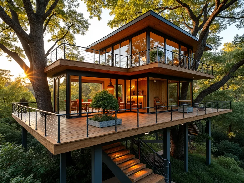 Enchanted Multi-Level Garden Workshop Treehouse - A stunning DSLR wide-angle shot of a sophisticated multi-level wooden workshop treehouse nestled among mature maple trees, captured during golden hour. The structure features three connected platforms at different heights, with a main glass-walled workshop space on the highest level, surrounded by a natural wood wrap-around deck. Weathered cedar stairs wind between levels, complemented by steel cable railings. The workshop's modern architecture incorporates large windows and sliding glass doors, allowing natural light to flood the space. The lower platforms feature potted Japanese maples and hanging plants. Solar-powered lanterns illuminate the structure, while climbing jasmine and wisteria gracefully drape over portions of the railings. The perspective captures the entire structure from a slightly elevated angle, showcasing the workshop's integration with the surrounding garden landscape and treetop canopy.