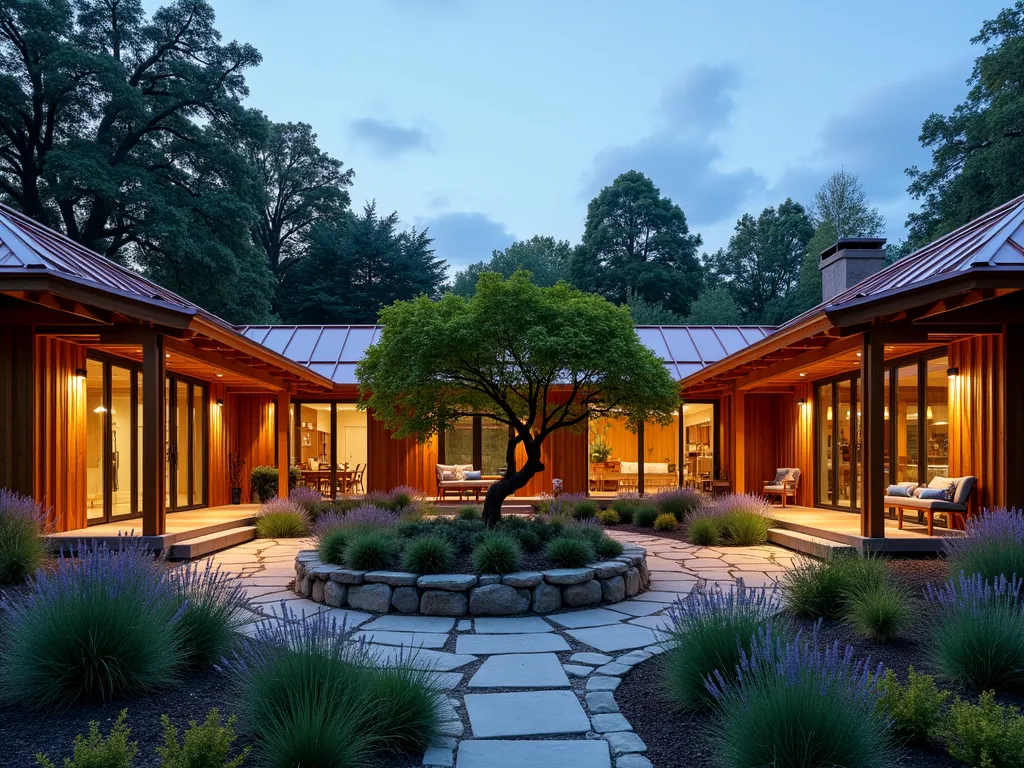 Elegant Multi-Room Garden Workshop Complex - A stunning dusk photograph of a luxurious garden workshop complex featuring three interconnected cedar-clad buildings with glass walls and copper roofing. The buildings are arranged around a central courtyard garden with a Japanese maple as focal point. Glass-covered walkways with wooden pergolas connect the spaces, draped with wisteria vines. Shot from a wide angle perspective capturing the warm evening light filtering through the structures. The complex includes a main creative studio, woodworking space, and pottery room, each visible through large windows. Natural stone pathways wind through the courtyard, bordered by ornamental grasses and lavender. Modern architectural lighting illuminates the walkways and building features. The scene is captured with atmospheric depth, showing the seamless integration of indoor creative spaces with the garden environment.