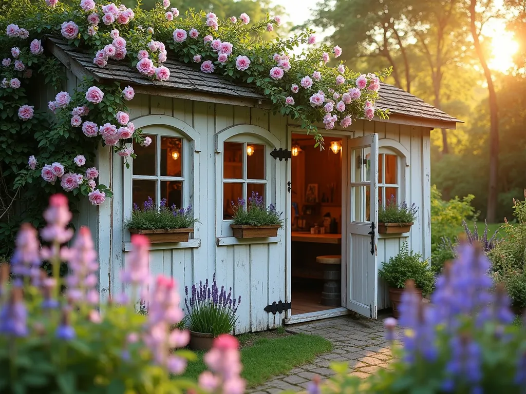 Enchanted Cottage Garden Workshop - A dreamy cottage-style garden workshop at golden hour, photographed with a wide-angle lens. The charming wooden structure features weathered white-painted timber walls and a slate roof. Pink and white climbing roses gracefully cascade over the workshop's facade, framing vintage-style iron door hinges and latches. Three wooden window boxes beneath mullioned windows overflow with lavender and trailing ivy. The workshop's Dutch door stands half-open, revealing a warm, inviting crafting space with a traditional wooden workbench visible inside. The surrounding cottage garden includes delphiniums and foxgloves in soft blues and purples. Dappled evening sunlight filters through nearby trees, creating a romantic, ethereal atmosphere. Shot at f/2.8 to create beautiful bokeh effects in the foreground garden elements.