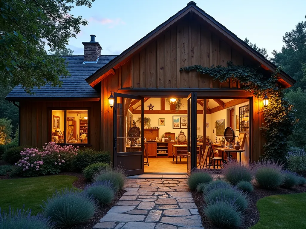 Rustic Garden Barn Studio Workshop - A stunning wide-angle dusk shot of a rustic barn-style art studio workshop in a landscaped garden setting. The workshop features weathered cedar siding, dramatic 15-foot vaulted ceilings with exposed wooden beams, and large sliding glass barn doors opened to reveal a creative workspace flooded with warm evening light. Climbing roses and wisteria frame the entrance, while string lights twinkle along the roofline. Inside glimpses show easels, artwork on white-washed walls, and a pottery wheel near large windows. Natural stone pathway leads through a cottage garden with lavender borders up to the studio entrance. Soft golden hour lighting casts long shadows across the scene, highlighting the workshop's architectural details. Professional architectural photography style, cinematic lighting, hyper-realistic detail.