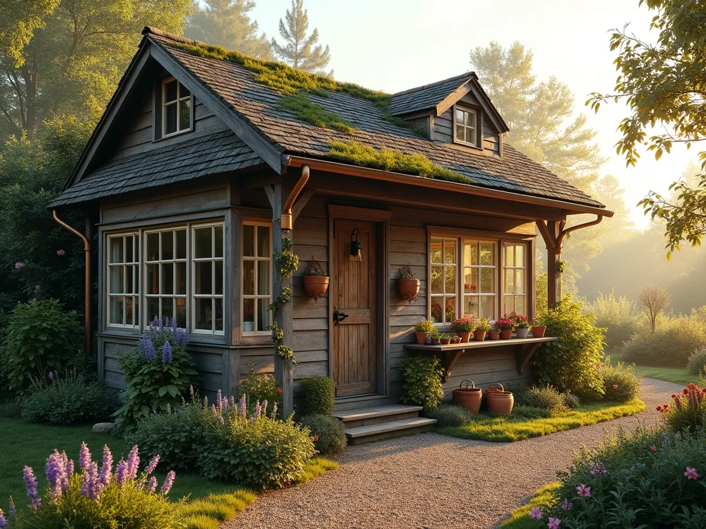 Charming Rustic Garden Workshop at Dawn - A sunlit rustic timber-frame workshop in a serene garden setting, captured at dawn with golden light filtering through morning mist. The weathered cedar siding and moss-covered pitched roof create a timeless countryside aesthetic. Wide-angle view showcasing vintage multi-pane windows with white frames, climbing roses around the doorway, and weathered copper guttering. The workshop features a covered porch area with hanging terracotta pots and vintage gardening tools. Through the windows, visible wooden potting benches and organized tool storage. Surrounded by cottage garden plantings including lavender, foxgloves, and climbing clematis. Gravel pathway leading to wooden door with black iron hardware. Professional architectural photography style, hyper-realistic detail, soft morning light creating long shadows.