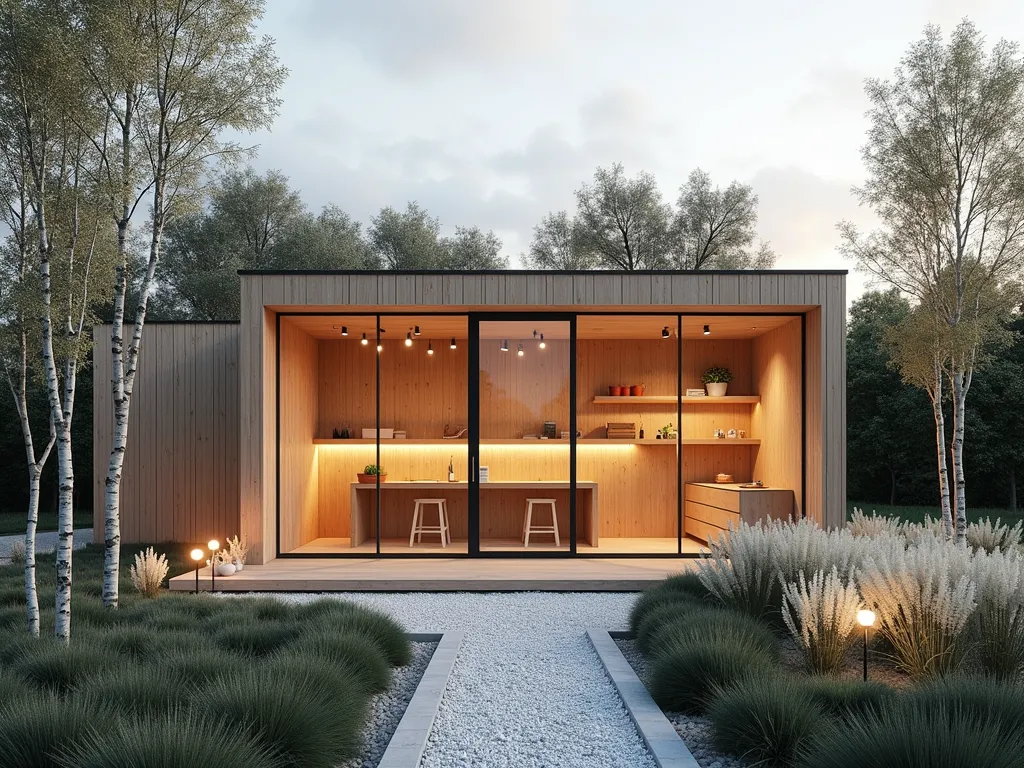 Modern Scandinavian Garden Workshop Haven - A serene twilight wide-angle shot of a minimalist Scandinavian-style garden workshop, featuring clean geometric lines and natural blonde wood cladding. The structure showcases floor-to-ceiling windows that reflect the golden hour light, surrounded by ornamental grasses and white birch trees. The workshop's transparent facade reveals a bright, organized interior workspace with light wood workbenches and floating shelves. A simple gravel path lined with white pebbles leads to the entrance, while contemporary outdoor lighting fixtures cast a warm glow. The workshop seamlessly integrates with a minimal landscape design featuring clusters of white astilbe and feather reed grass, creating a harmonious Nordic atmosphere. Photorealistic, architectural photography style, hyper-detailed, 8k resolution.