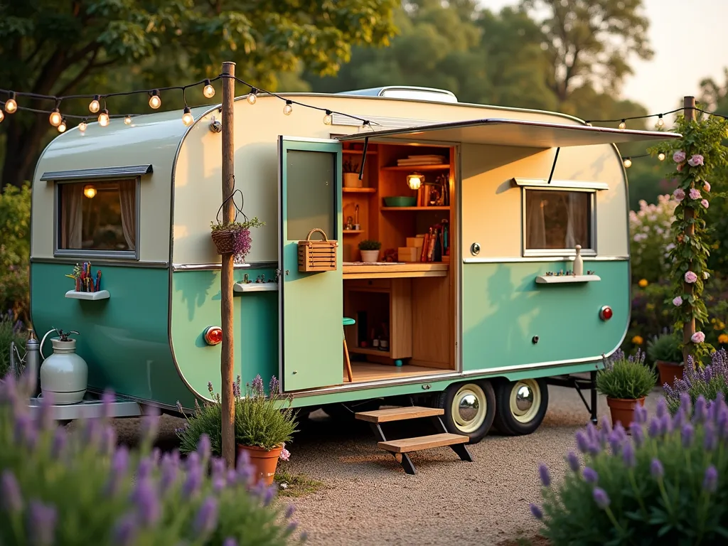 Vintage Caravan Garden Workshop at Sunset - A beautifully restored 1960s vintage caravan workshop nestled in a charming cottage garden, photographed at golden hour. The caravan features mint green and cream two-tone paint, with polished chrome trim catching the warm evening light. The side panel is opened to reveal a cleverly designed fold-out wooden workbench with craft supplies neatly organized. Surrounding the caravan are flowering lavender borders and climbing roses on a wooden trellis. A rustic gravel path leads to the caravan's entrance, with vintage garden tools artfully displayed on the exterior walls. String lights are draped overhead between wooden posts, creating a magical atmosphere. Shot from a three-quarter angle to showcase both the opened workshop area and the caravan's classic profile. Soft bokeh effect in background with mature trees.