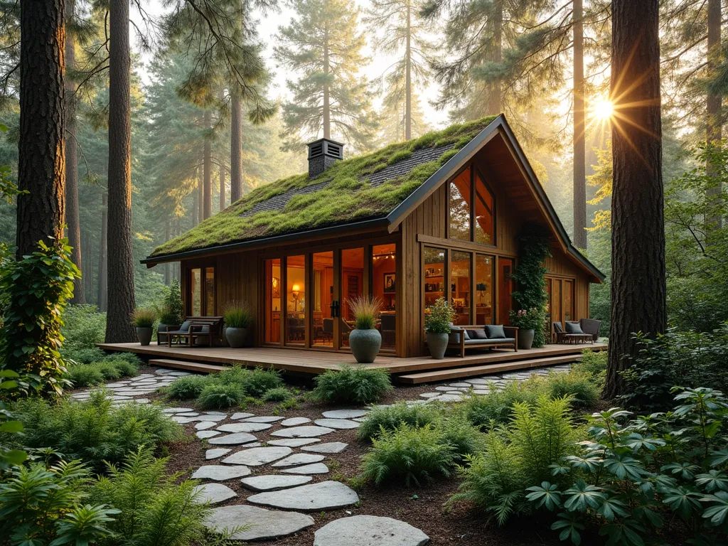 Woodland Workshop Retreat - A serene wide-angle shot of a rustic garden workshop nestled among tall pine trees at golden hour. The workshop features natural cedar cladding, large windows reflecting the forest, and a moss-covered pitched roof. A winding stone pathway leads to the entrance, bordered by native ferns and woodland flowers. The workshop seamlessly blends with the natural surroundings, with climbing vines gracefully ascending the corners. A handcrafted wooden deck wraps around one side, featuring potted Japanese forest grass and vintage pottery. Dappled sunlight filters through the canopy, creating a magical atmosphere perfect for creative work.