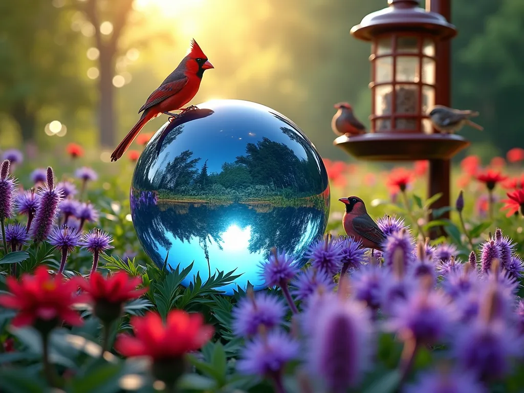 Bird Haven Gazing Ball Garden - A sunlit garden scene featuring a cobalt blue gazing ball positioned among blooming purple coneflowers and red cardinal flowers. A decorative copper bird feeder hangs nearby, with cardinals and finches perched around. The gazing ball reflects the birds and surrounding flowers in its mirror-like surface, creating a kaleidoscopic effect. Natural morning light filters through the scene, creating a dreamy, enchanted atmosphere with soft bokeh effects.