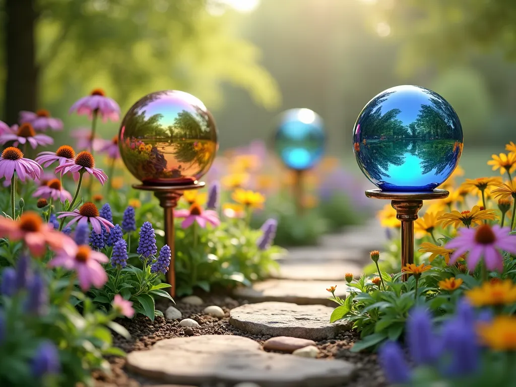 Whimsical Children's Garden with Rainbow Gazing Balls - A magical children's garden scene with gazing balls mounted at various heights along a winding path, featuring balls in iridescent rainbow colors, mirror finish, and cobalt blue. The balls are safely secured on decorative copper posts among butterfly-attracting flowers, with some balls placed low enough for small children to peer into. Soft natural lighting creates enchanting reflections, while purple coneflowers, yellow black-eyed susans, and pink cosmos dance in the background. A small wooden bridge and stepping stones add to the exploratory nature, with a mix of heights making the space accessible for children of different ages. Photorealistic, dreamy atmosphere, soft bokeh effect.