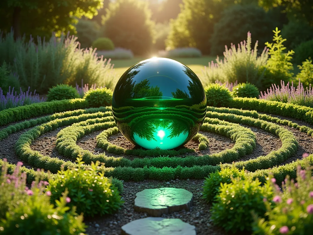 Reflective Herb Garden Sanctuary - A symmetrical circular herb garden with a large emerald-tinted glass gazing ball as its centerpiece, surrounded by concentric rings of fragrant herbs including lavender, sage, rosemary, and thyme. The garden features neatly arranged spiral patterns of herbs with varying heights and textures. Golden afternoon sunlight bathes the scene, creating ethereal reflections in the gazing ball that capture the surrounding greenery and herbs. Stone pathways divide the garden into sections, with small stepping stones leading to the central sphere. The design is both practical and mystical, with the gazing ball casting subtle green tints onto the surrounding aromatic plants.