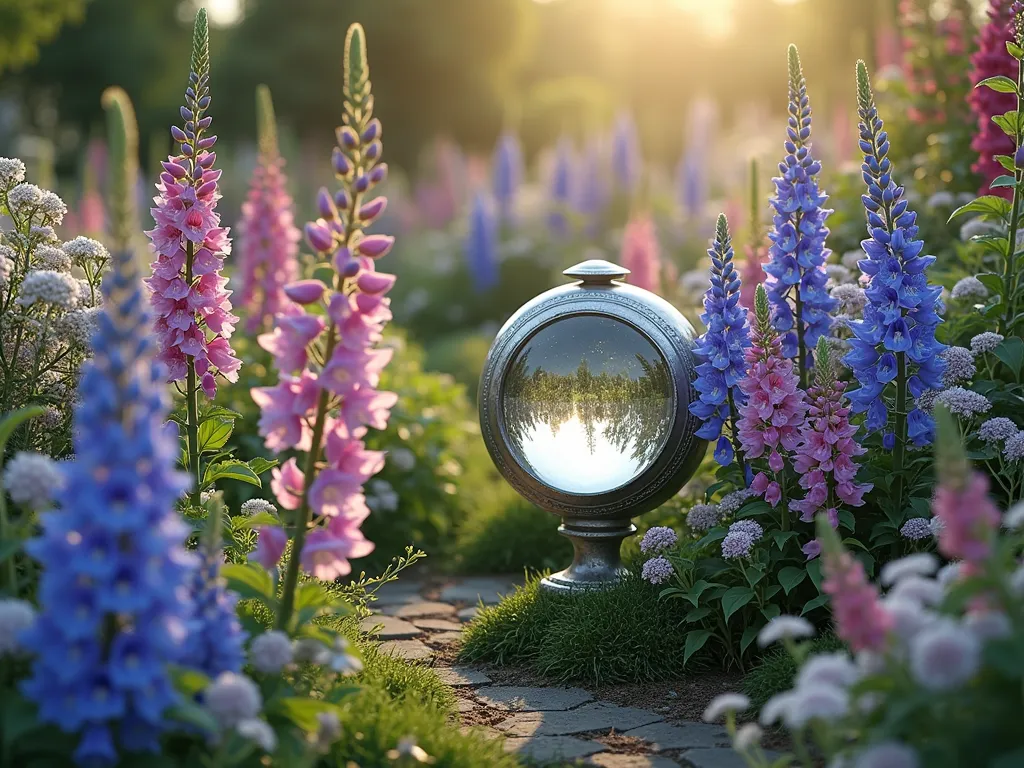 Cottage Garden Gazing Ball with English Flowers - A whimsical English cottage garden scene with a vintage-style silver gazing ball nestled among a lush profusion of blooming delphiniums in deep blues and purples, pink and white hollyhocks, and speckled foxgloves. Soft evening sunlight filters through the flowers, creating a dreamy atmosphere. The gazing ball reflects the colorful flowers and cottage garden setting, surrounded by informal garden paths and traditional cottage garden plantings. Photorealistic, high detail, magical garden atmosphere.