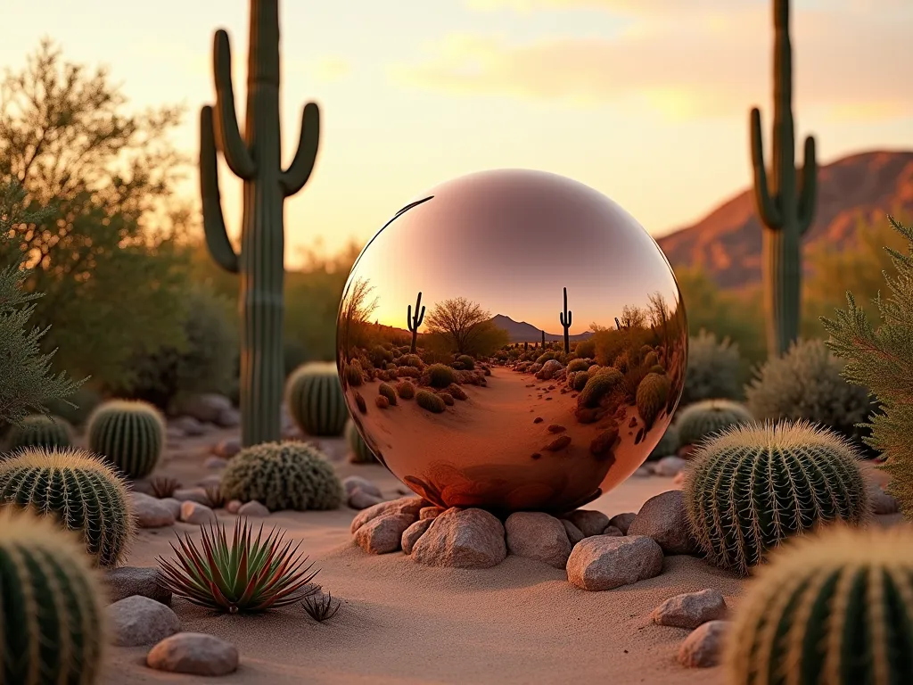 Desert Oasis Copper Gazing Ball - A serene desert garden landscape at golden hour, featuring a large copper-toned gazing ball nestled among dramatic succulents and cacti. The spherical mirror ball reflects the warm desert sunset sky and surrounding barrel cacti, agave, and golden barrel cactus. Sandy earth tones and rust-colored rocks complement the metallic sphere, while tall saguaro cacti create striking silhouettes in the background. Soft, warm lighting enhances the copper tones and creates gentle shadows among the desert plants, photorealistic style.